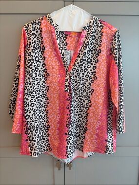 Vilagallo Pink and Orange Leopard-Stripe V-Neck Tunic Top